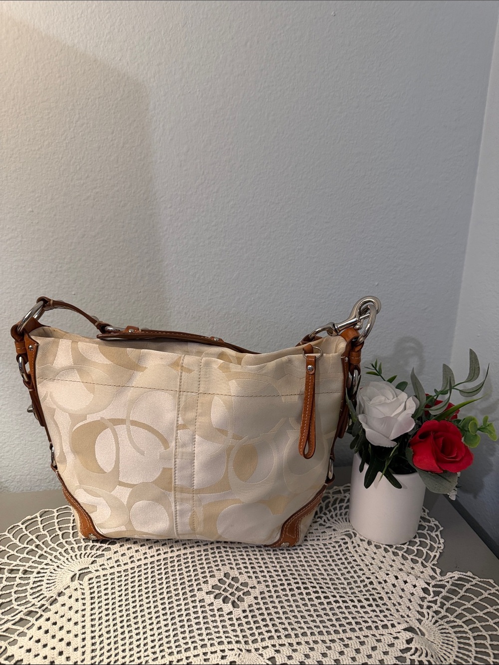 Vintage Carly Coach Signature Cream Canvas and Brown Leather Shoulder Bag